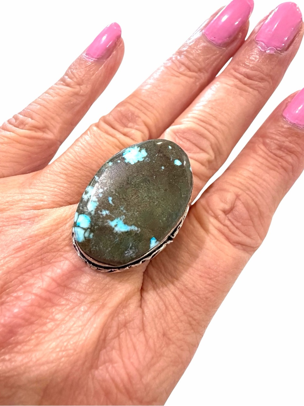 Vtg Sterling Silver Bisbee Turquoise Statement Ring Size 7.25 Hallmarked 12g